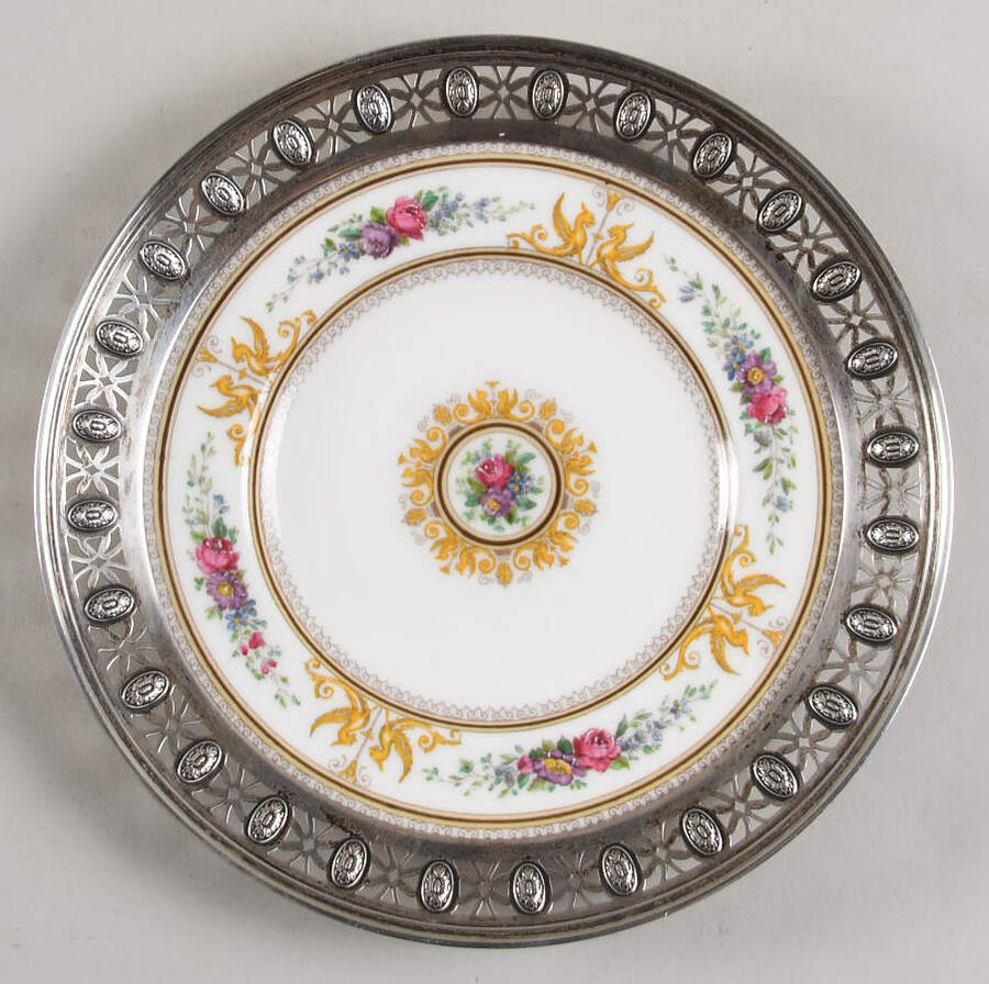 Columbia White (Center Medallion, Green Trim) Sterling Rim Bread & Butter Plate by Wedgwood-1