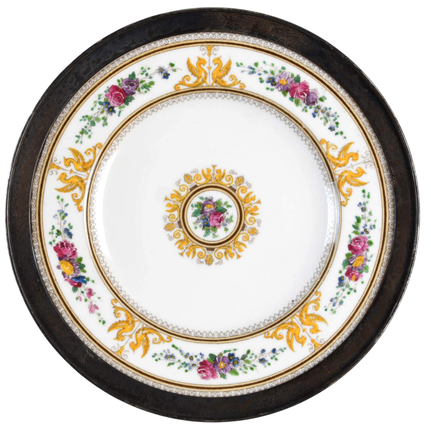 Columbia White (Center Medallion, Green Trim) Salad Plate with Sterling Rim by Wedgwood-1