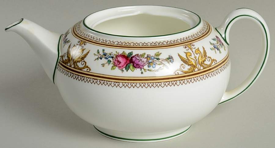 Columbia White (Center Medallion, Green Trim) Teapot No Lid by Wedgwood-1