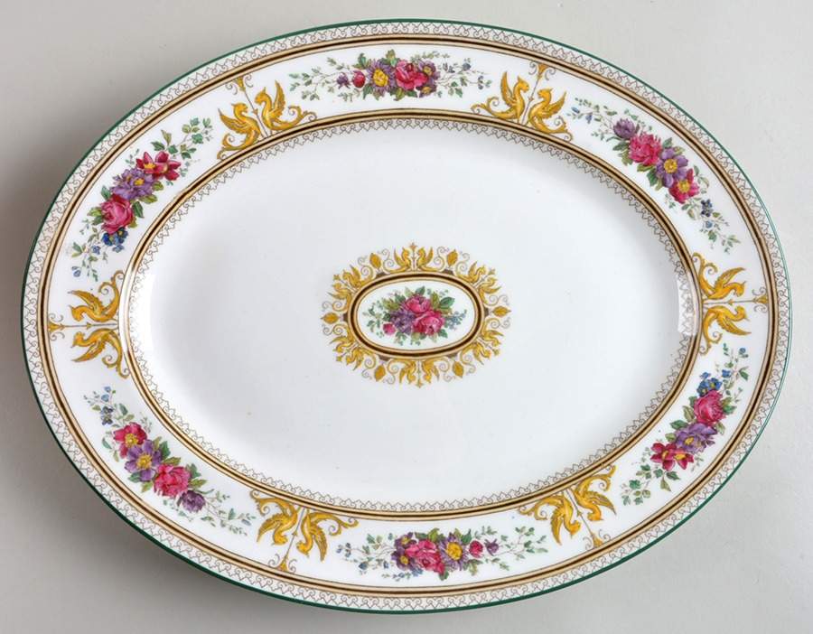 Columbia White (Center Medallion, Green Trim) 13" Oval Serving Platter by Wedgwood-1