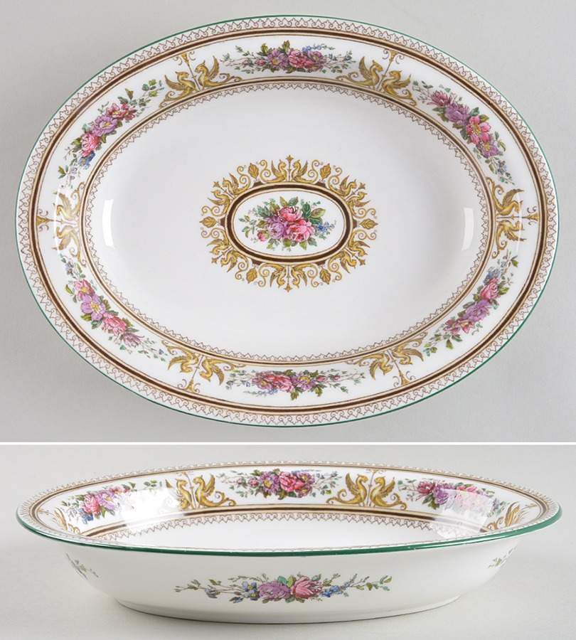 Columbia White (Center Medallion, Green Trim) 9" Oval Vegetable Bowl by Wedgwood-1