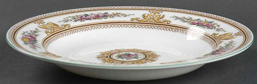 Columbia White (Center Medallion, Green Trim) Large Rim Soup Bowl by Wedgwood-1