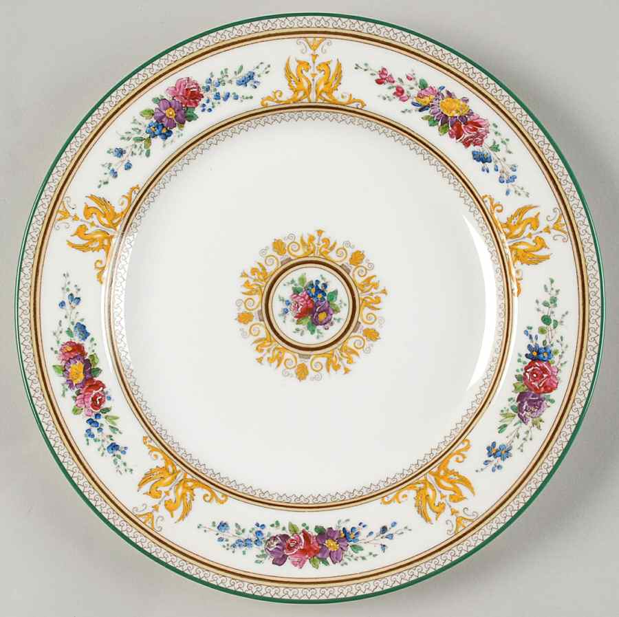 Columbia White (Center Medallion, Green Trim) Luncheon Plate by Wedgwood-1