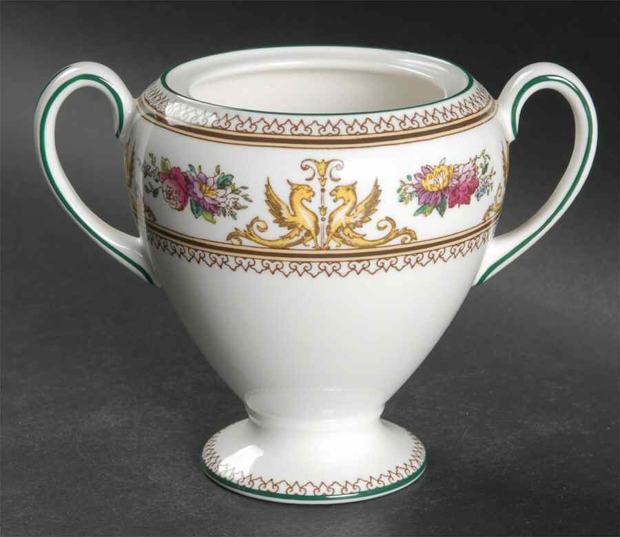 Columbia White (Center Medallion, Green Trim) Globe Shape Sugar Bowl No Lid by Wedgwood-1