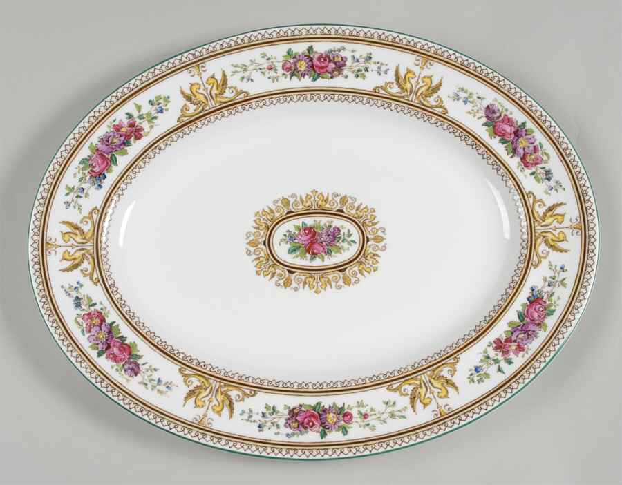 Columbia White (Center Medallion, Green Trim) 13" Oval Serving Platter by Wedgwood-1