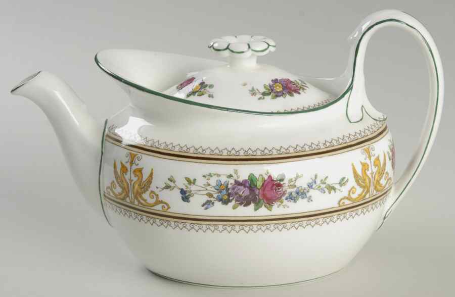 Columbia White (Center Medallion, Green Trim) Small Teapot & Lid by Wedgwood-1