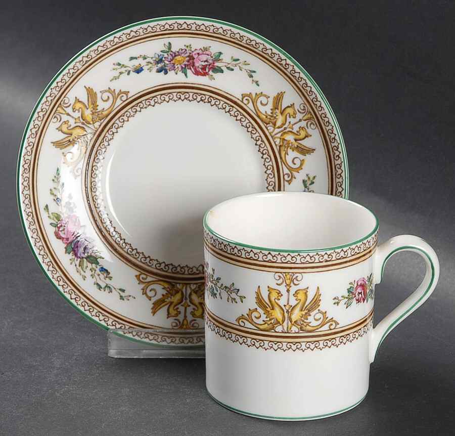 Columbia White (Center Medallion, Green Trim) Can Shape Demitasse Cup and Saucer Set by Wedgwood-1