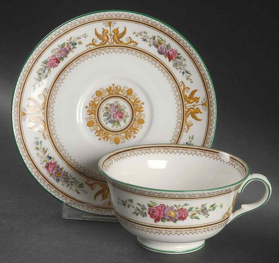 Columbia White (Center Medallion, Green Trim) Footed Cup & Saucer Set by Wedgwood-1