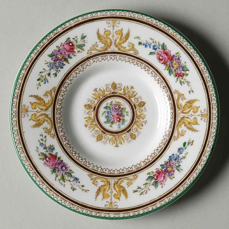 Columbia White (Center Medallion, Green Trim) Saucer for Bond Shape Demitasse Cup by Wedgwood-1
