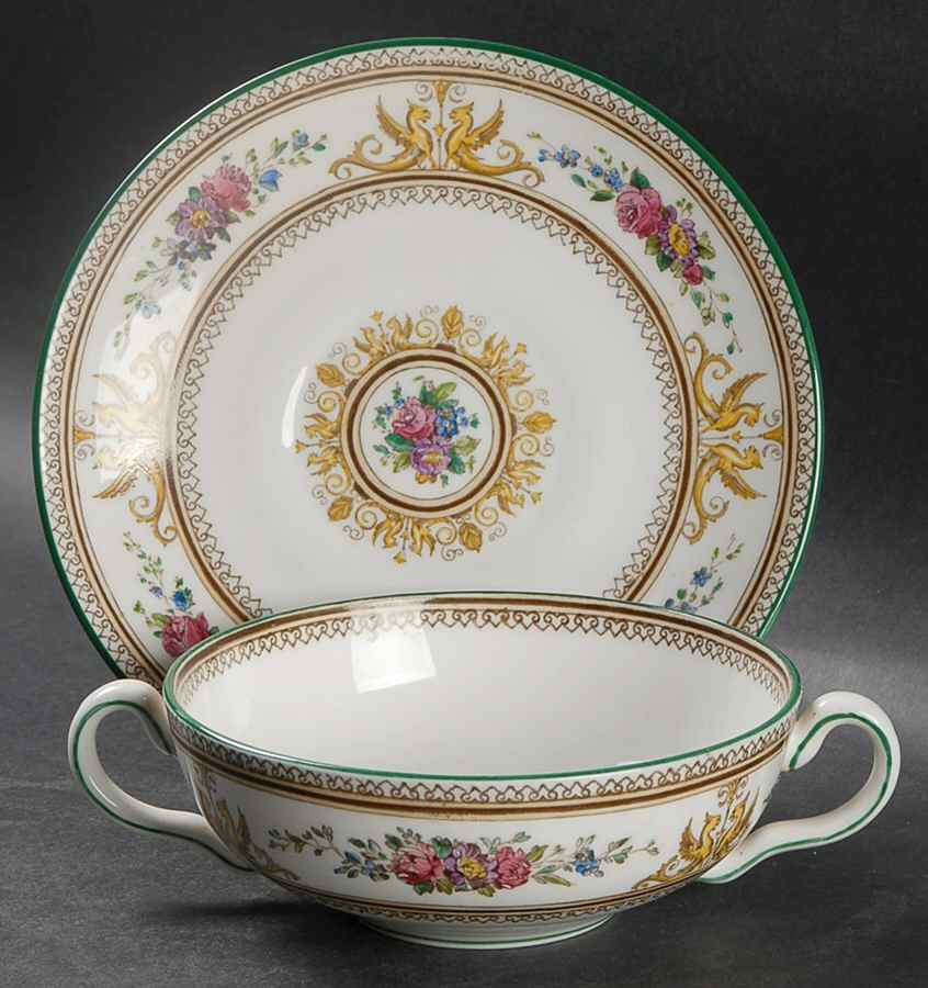 Columbia White (Center Medallion, Green Trim) Flat Cream Soup Bowl & Saucer Set by Wedgwood-1