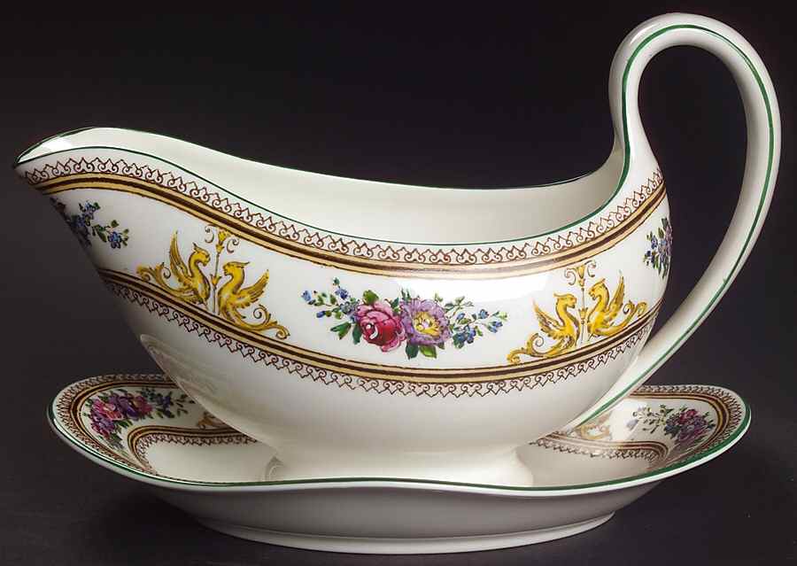 Columbia White (Center Medallion, Green Trim) Gravy Boat with Attached Underplate by Wedgwood-1