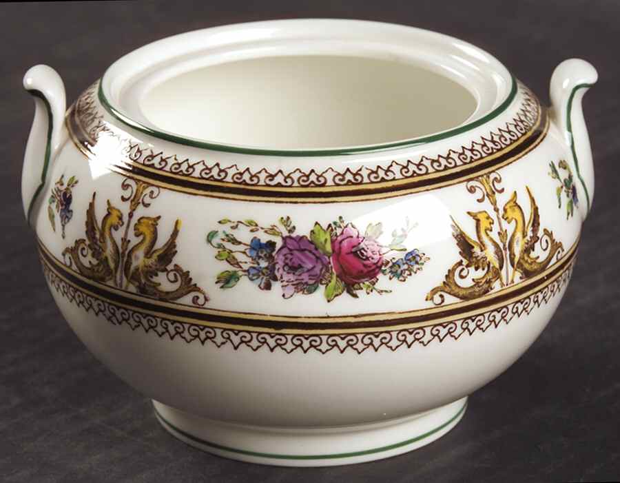 Columbia White (Center Medallion, Green Trim) 146 Shape Sugar Bowl No Lid by Wedgwood-1