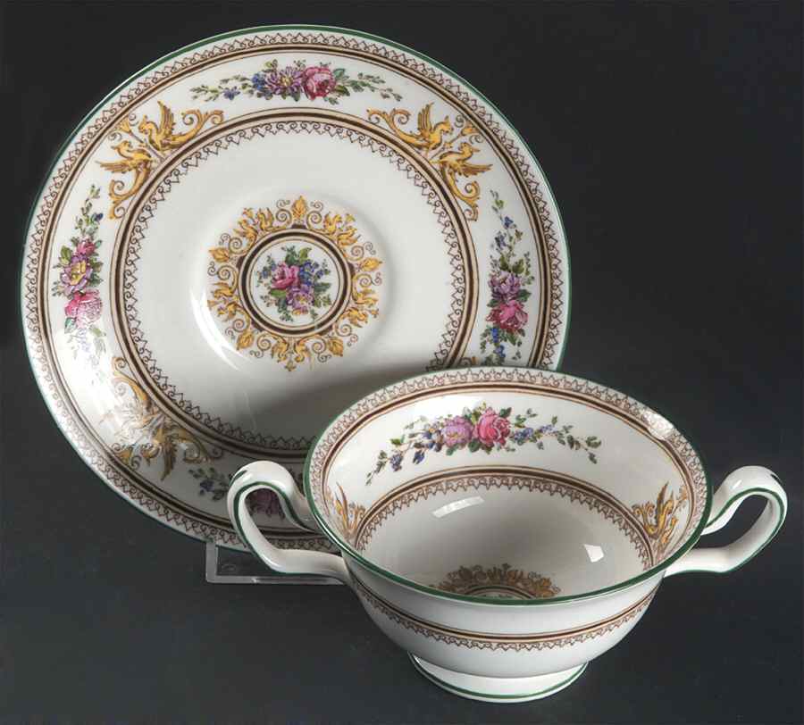 Columbia White (Center Medallion, Green Trim) Footed Cream Soup Bowl & Saucer Set by Wedgwood-1