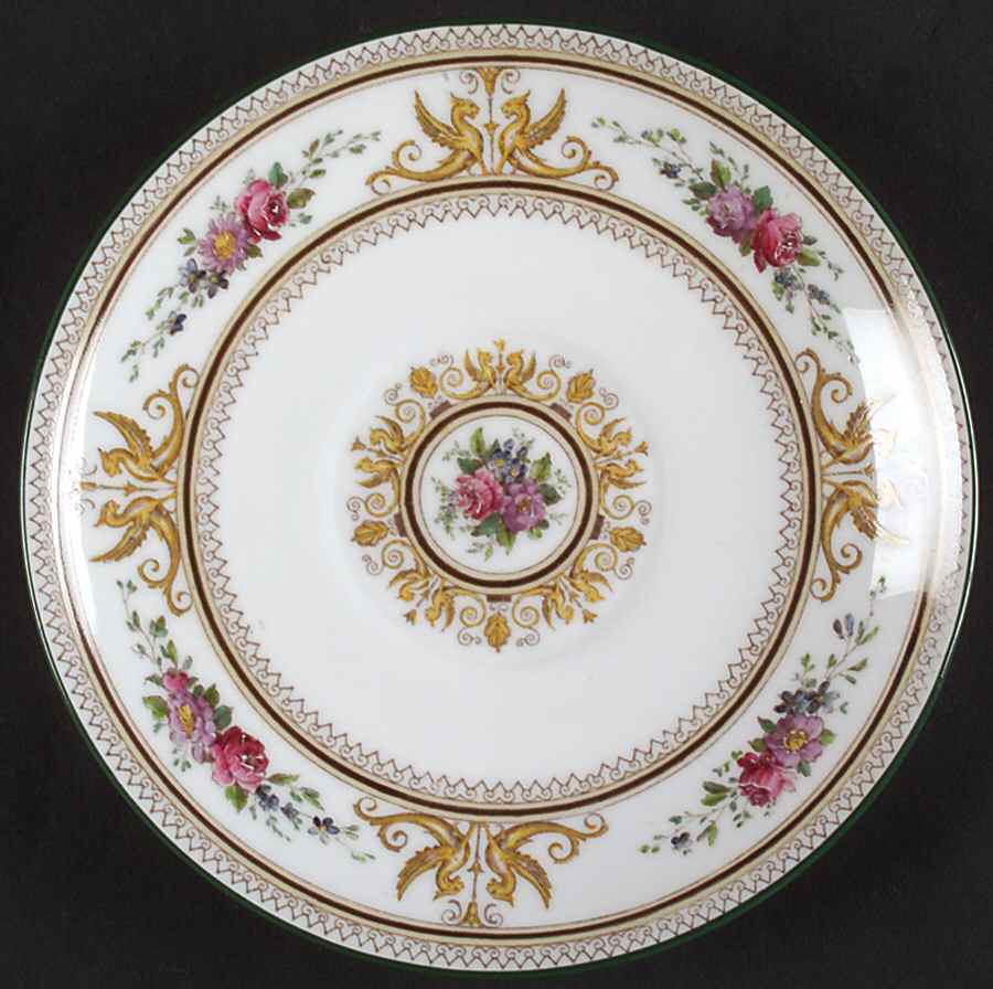 Columbia White (Center Medallion, Green Trim) Saucer for Cream Soup Bowl by Wedgwood-1
