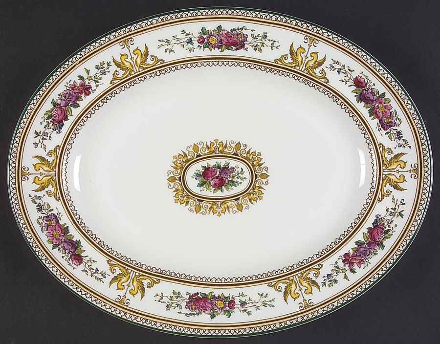 Columbia White (Center Medallion, Green Trim) 14" Oval Serving Platter by Wedgwood-1