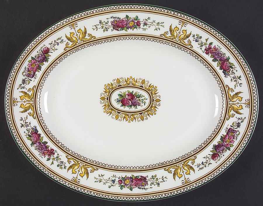 Columbia White (Center Medallion, Green Trim) 15" Oval Serving Platter by Wedgwood-1