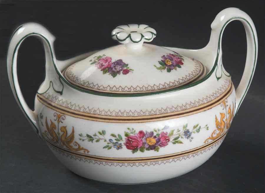 Columbia White (Center Medallion, Green Trim) Sugar Bowl & Lid by Wedgwood-1