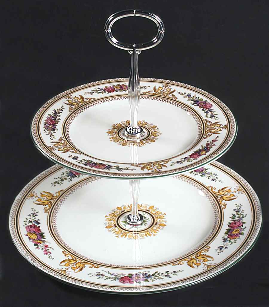 Columbia White (Center Medallion, Green Trim) 6 5/8"-10"  2 Tiered Serving Tray (Dp, Sp) HC by Wedgwood-1