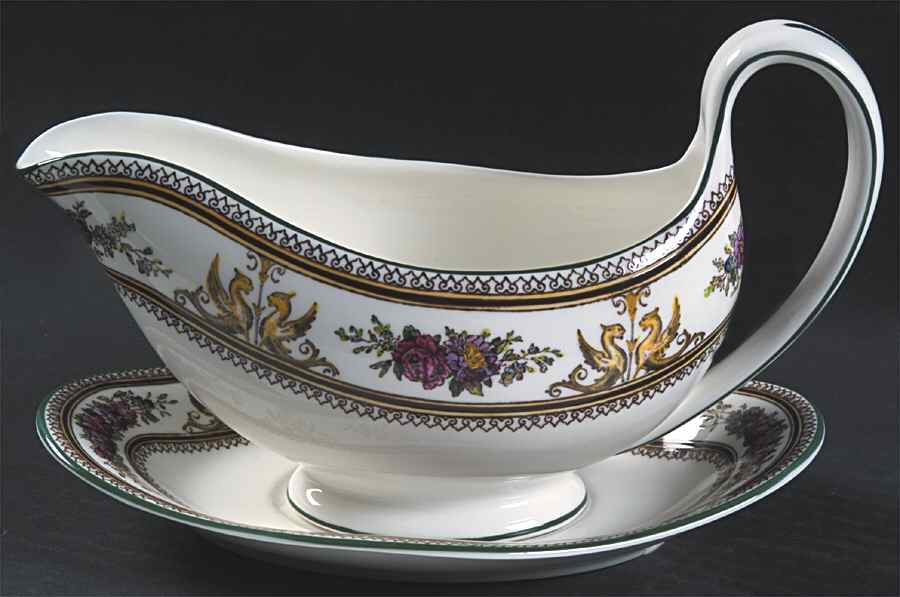 Columbia White (Center Medallion, Green Trim) Gravy Boat & Underplate by Wedgwood-1