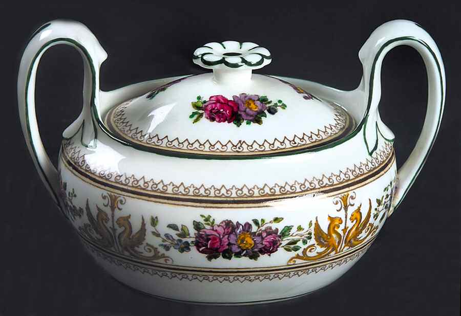 Columbia White (Center Medallion, Green Trim) Mini Sugar Bowl & Lid by Wedgwood-1