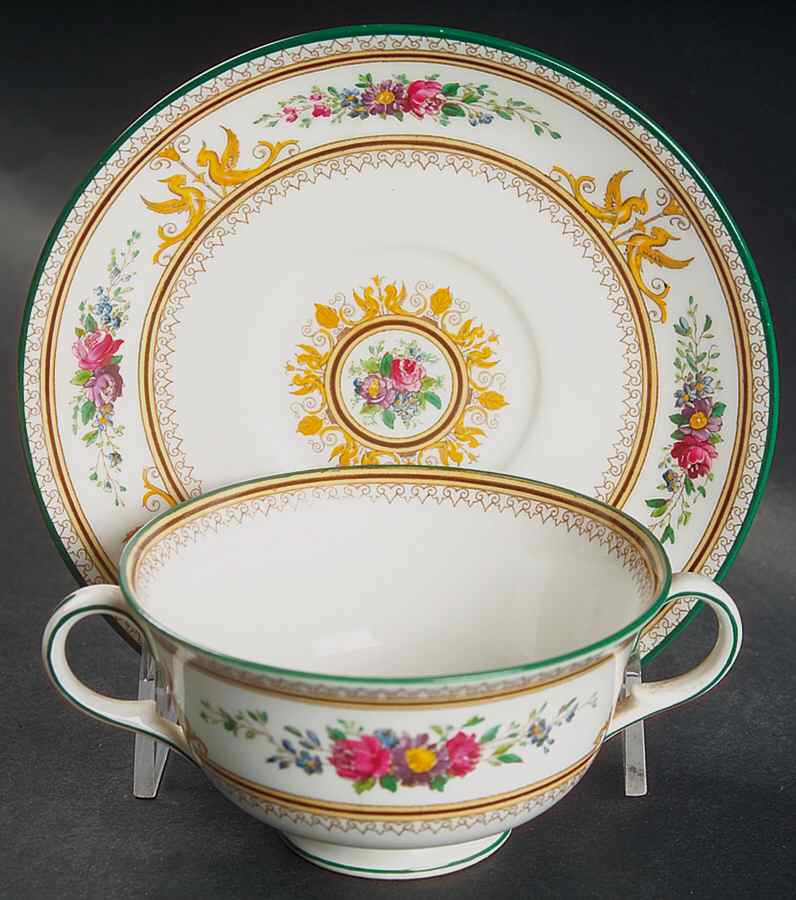 Columbia White (Center Medallion, Green Trim) Footed Bouillon Cup & Saucer by Wedgwood-1