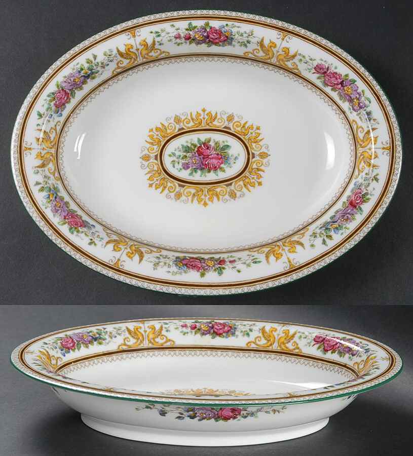 Columbia White (Center Medallion, Green Trim) 10" Oval Vegetable Bowl by Wedgwood-1