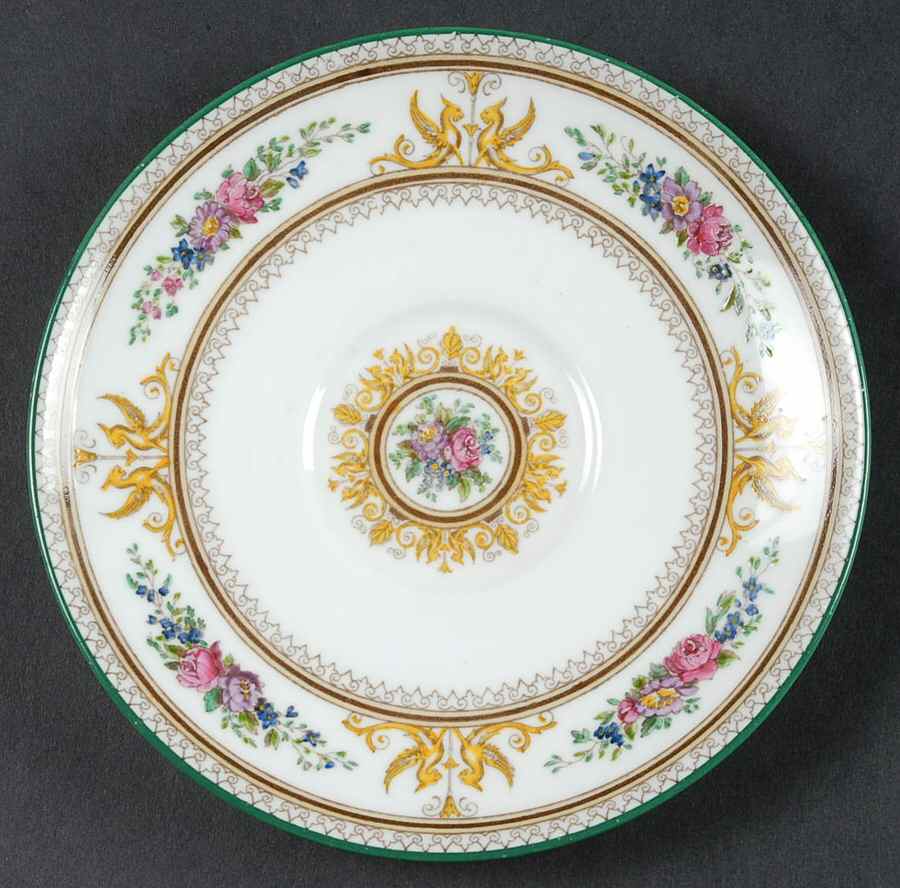 Columbia White (Center Medallion, Green Trim) Saucer for Peony Shape Footed Cup by Wedgwood-1