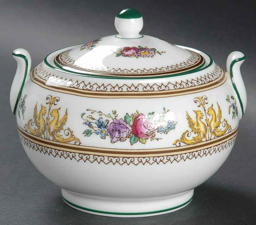 Columbia White (Center Medallion, Green Trim) 146 Shape Sugar Bowl & Lid by Wedgwood-1