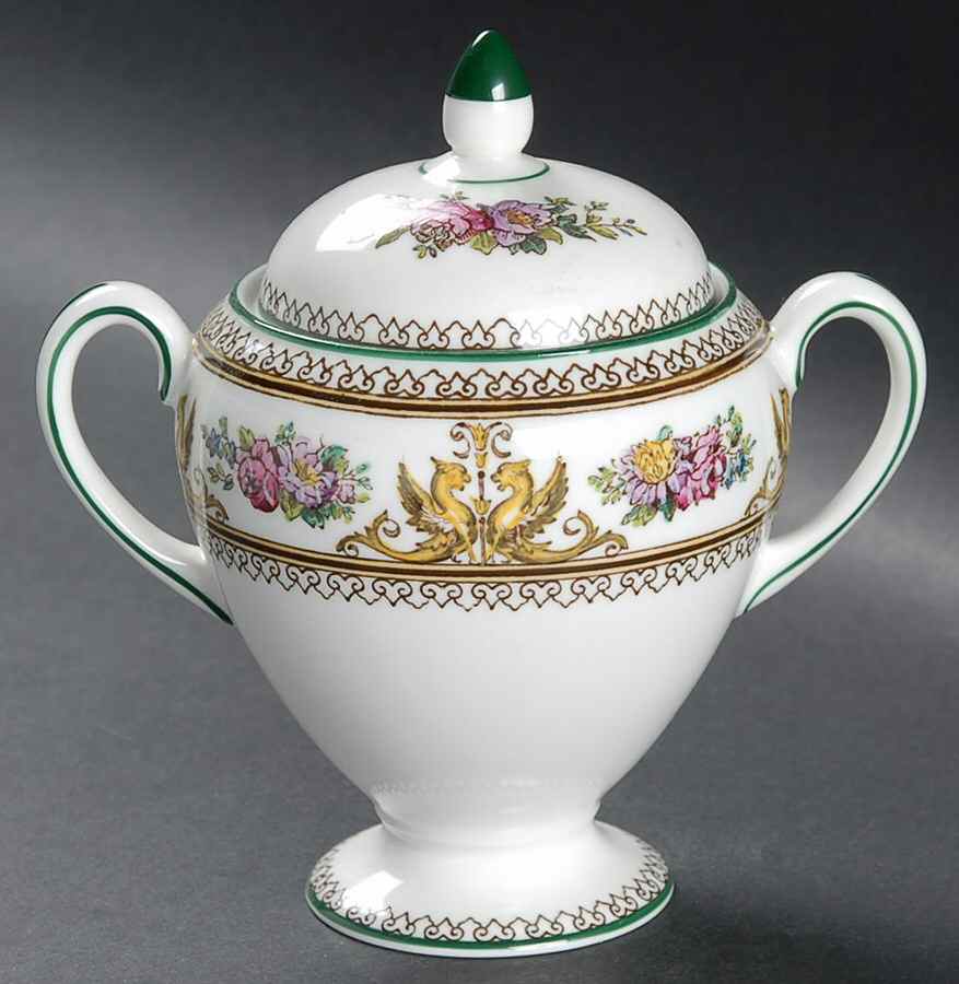 Columbia White (Center Medallion, Green Trim) Globe Shape Sugar Bowl & Lid by Wedgwood-1