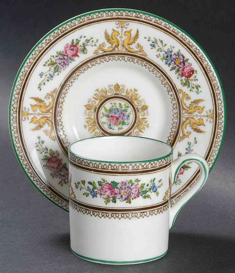 Columbia White (Center Medallion, Green Trim) Bond Shape Demitasse Cup and Saucer Set by Wedgwood-1