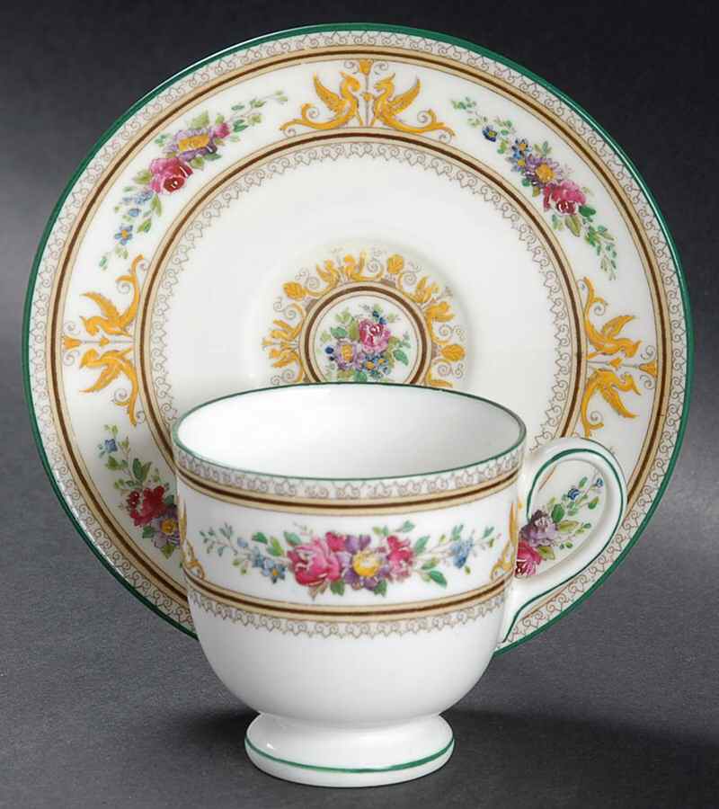 Columbia White (Center Medallion, Green Trim) Footed Demitasse Cup & Saucer Set by Wedgwood-1
