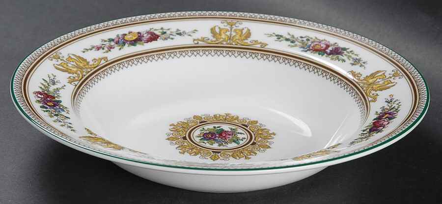 Columbia White (Center Medallion, Green Trim) Rim Soup Bowl by Wedgwood-1