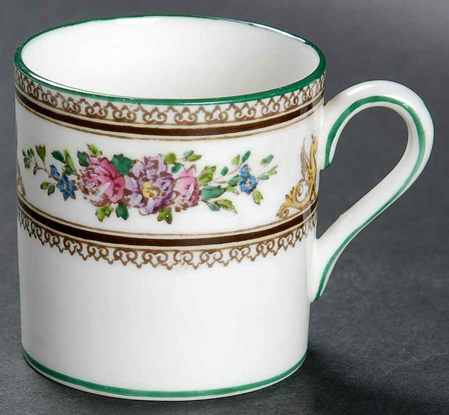 Columbia White (Center Medallion, Green Trim) Bond Shape Demitasse Cup by Wedgwood-1