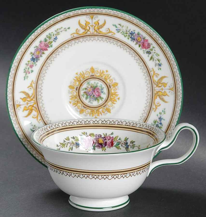 Columbia White (Center Medallion, Green Trim) Peony Shape Footed Cup & Saucer Set by Wedgwood-1