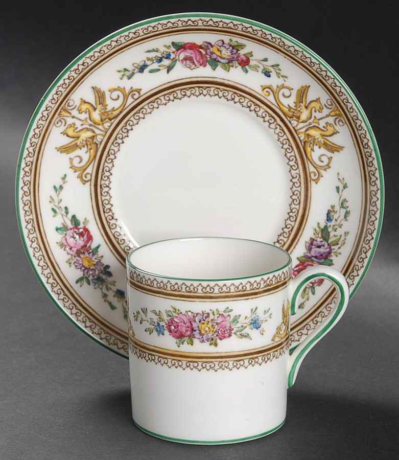 Columbia White (Center Medallion, Green Trim) Bond Shape Demitasse Cup and Saucer Set by Wedgwood-1
