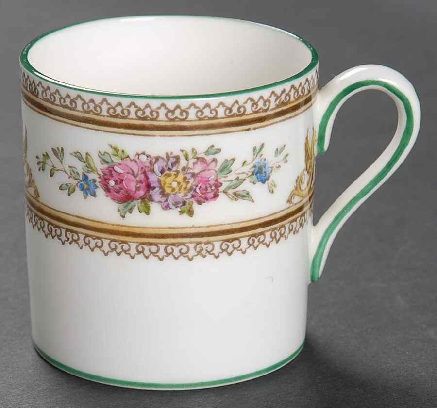 Columbia White (Center Medallion, Green Trim) Bond Shape Demitasse Cup by Wedgwood-1