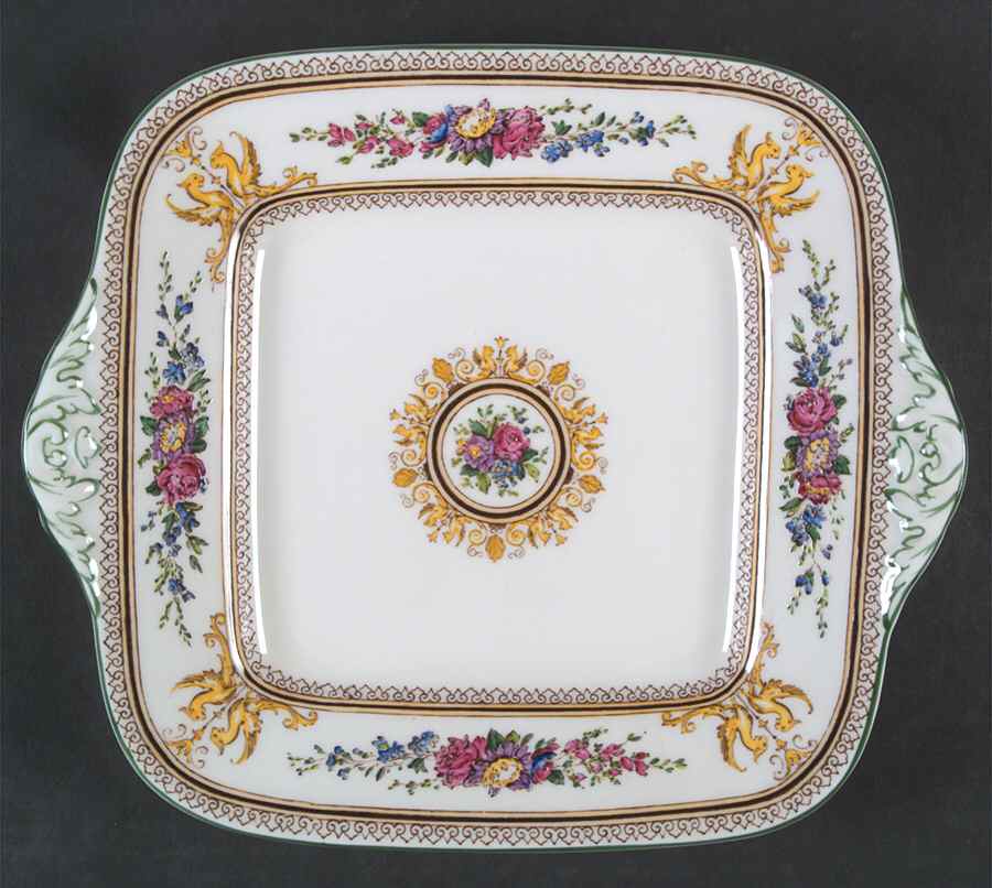 Columbia White (Center Medallion, Green Trim) 11" Square Handled Cake Plate by Wedgwood-1