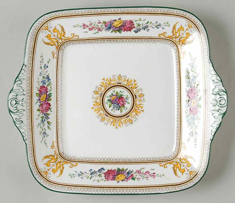 Columbia White (Center Medallion, Green Trim) 10" Square Handled Cake Plate by Wedgwood-1