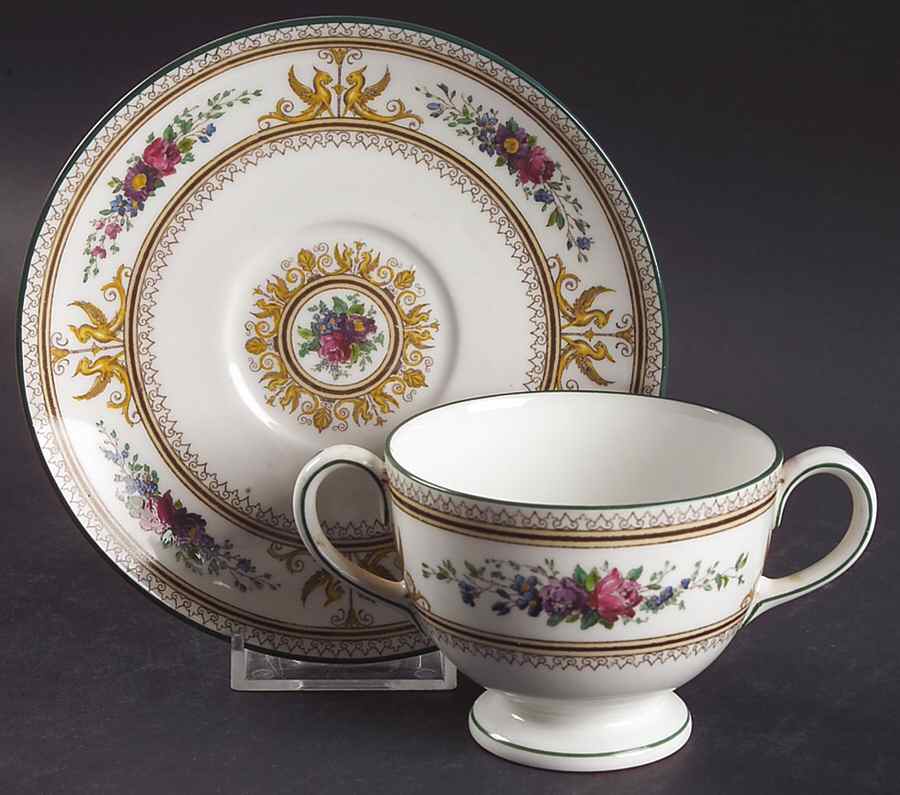 Columbia White (Center Medallion, Green Trim) Footed Bouillon Cup & Saucer by Wedgwood-1