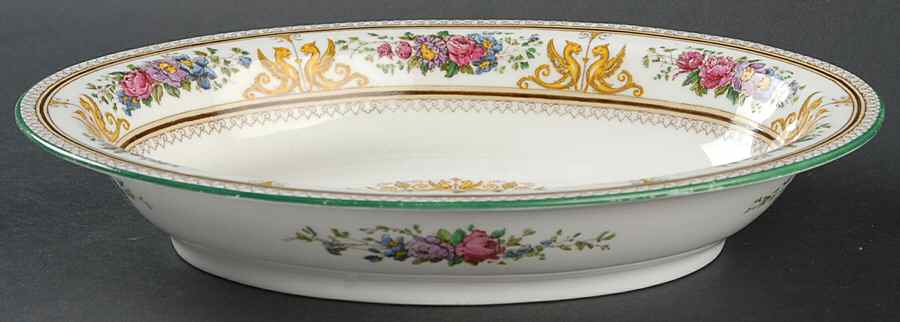 Columbia White (Center Medallion, Green Trim) 10" Oval Vegetable Bowl by Wedgwood-1