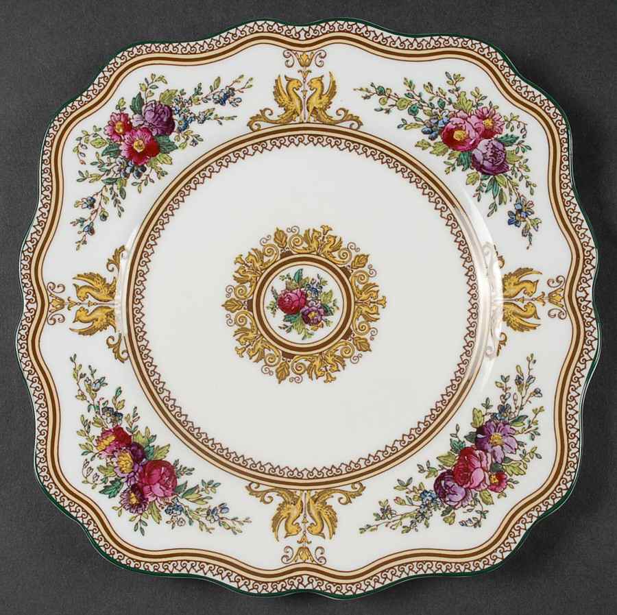 Columbia White (Center Medallion, Green Trim) Square Salad Plate by Wedgwood-1
