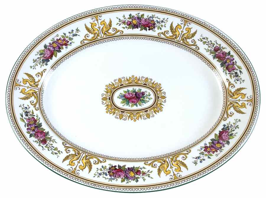 Columbia White (Center Medallion, Green Trim) 17" Oval Serving Platter by Wedgwood-1