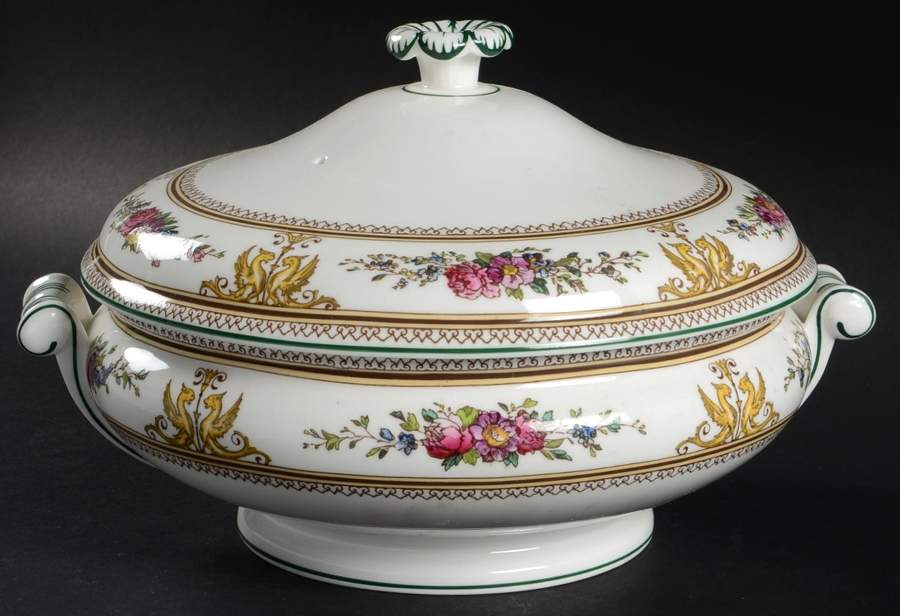Columbia White (Center Medallion, Green Trim) Round Covered Vegetable by Wedgwood-1