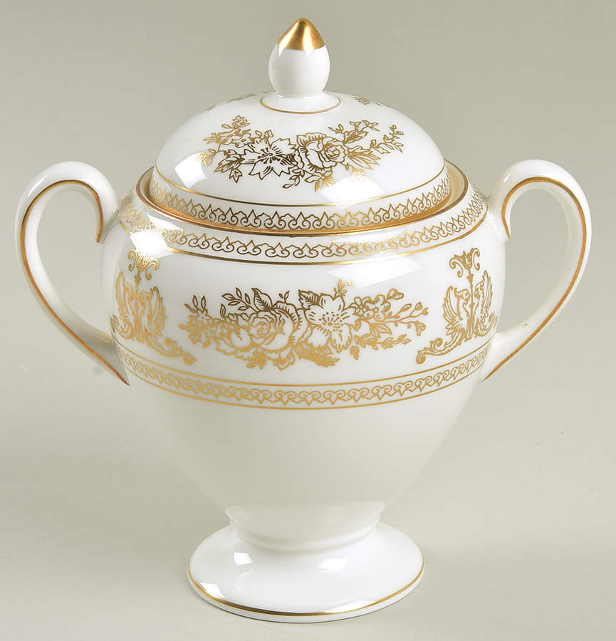 Columbia Gold (Gold Flowers, White Body) Globe Shape Sugar Bowl & Lid by Wedgwood-1