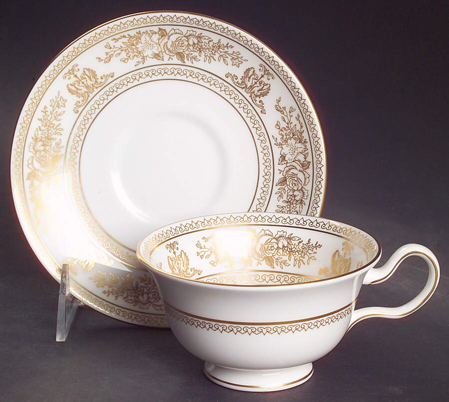 Columbia Gold (Gold Flowers, White Body) Peony Shape Footed Cup & Saucer Set by Wedgwood-1