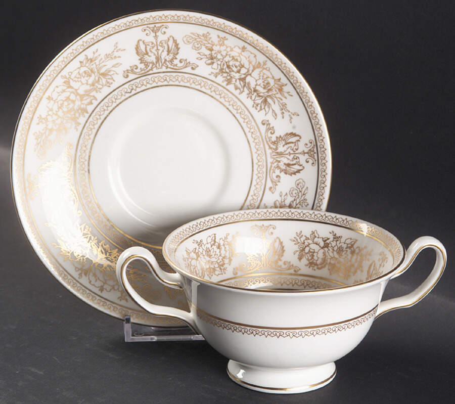 Columbia Gold (Gold Flowers, White Body) Footed Cream Soup Bowl & Saucer Set by Wedgwood-1