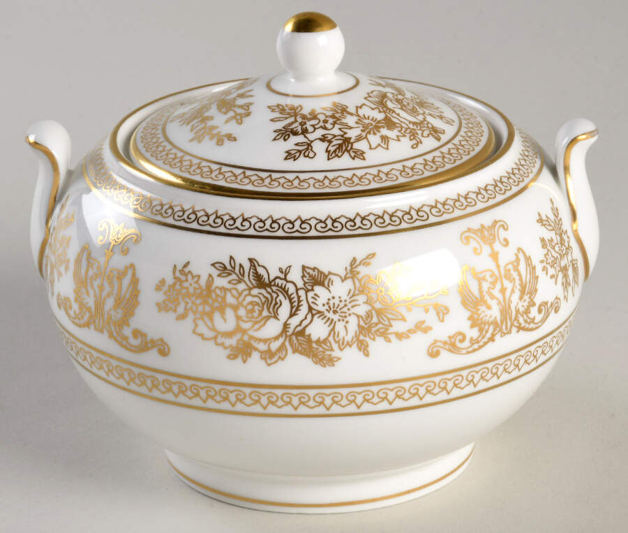 Columbia Gold (Gold Flowers, White Body) 146 Shape Sugar Bowl & Lid by Wedgwood-1