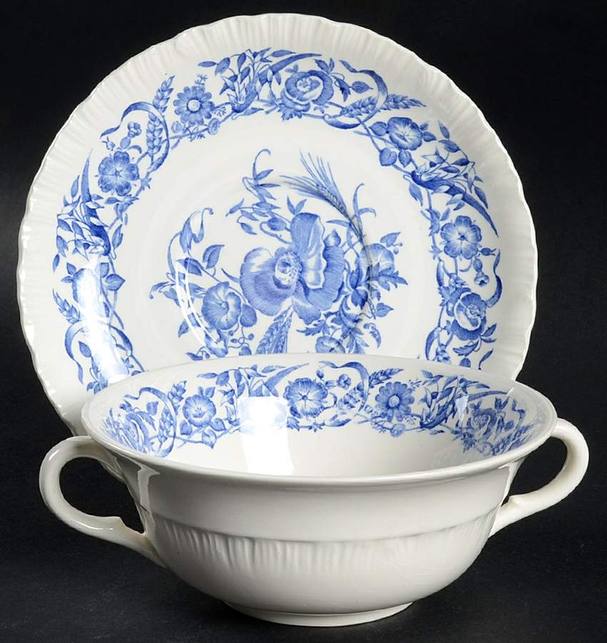 Cornflower Blue Footed Cream Soup Bowl & Saucer Set by Wedgwood-1