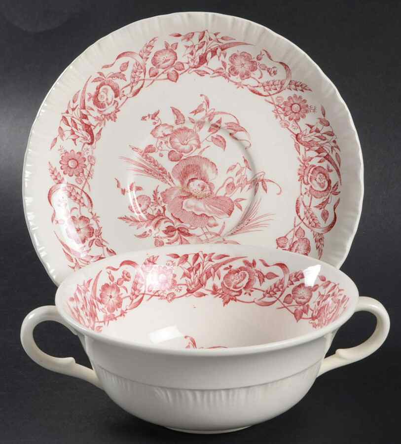 Cornflower Crimson Flat Cream Soup Bowl & Saucer Set by Wedgwood-1
