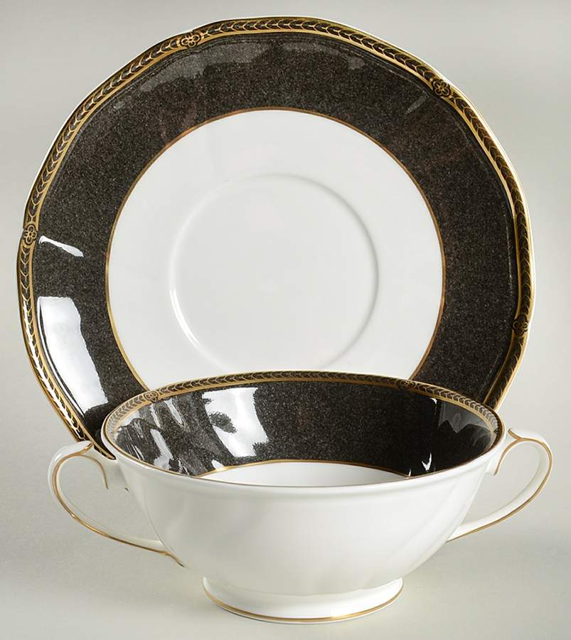 Crown Ebony Footed Cream Soup Bowl & Saucer Set by Wedgwood-1